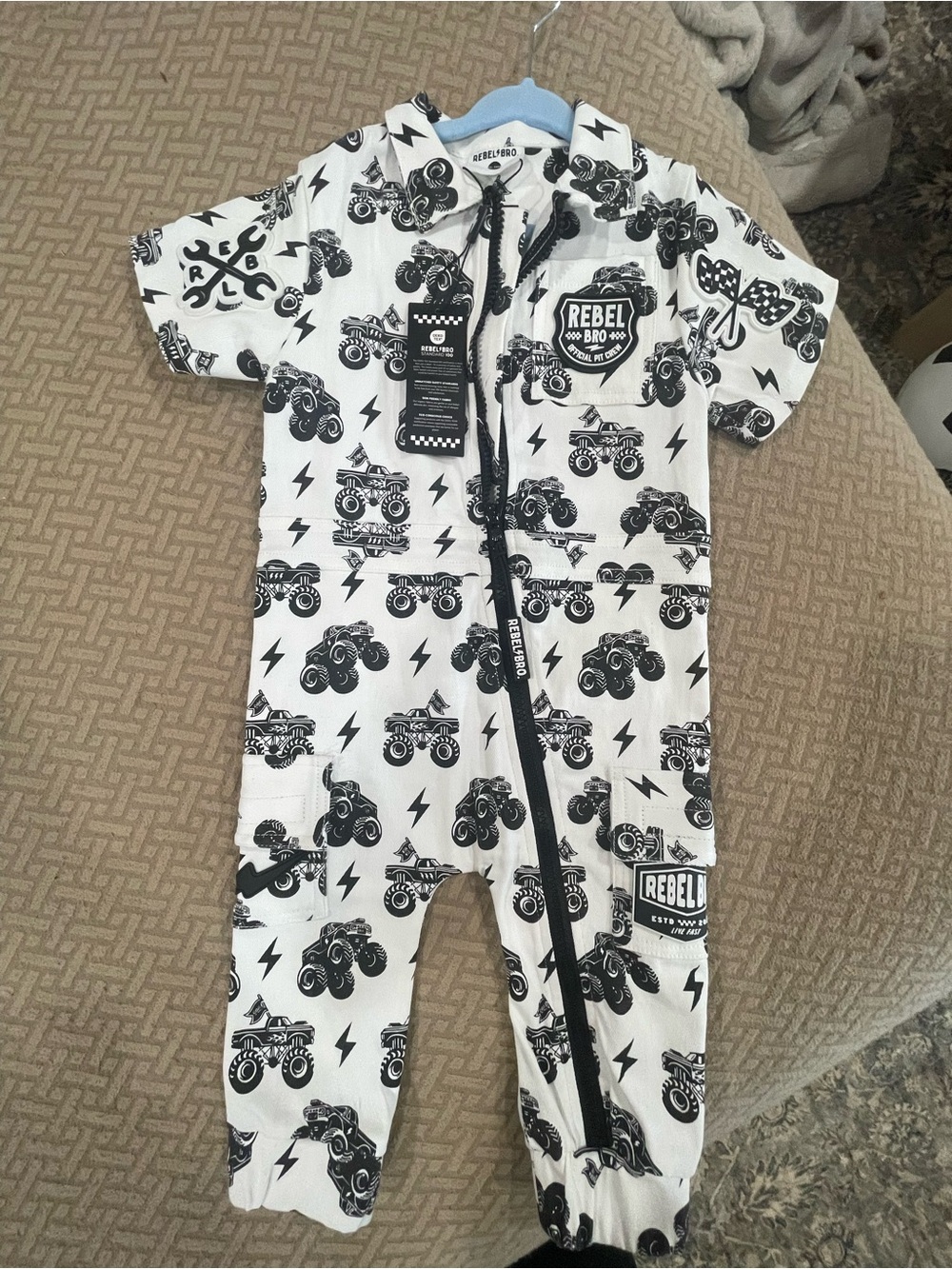 Rebel Bro Black & White Monster Truck Kids One-Piece